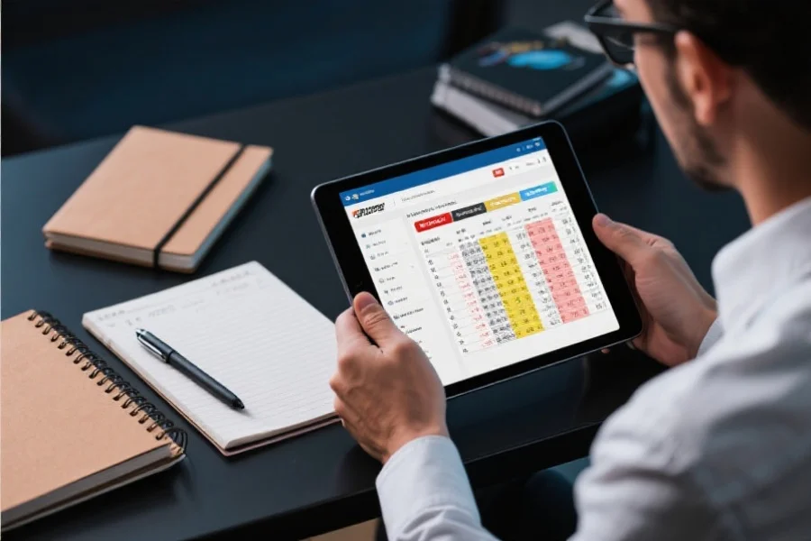 数据分析师正在用平板电脑浏览赛车历史开奖记录，旁边摆放着记笔记的本子和笔，氛围专注