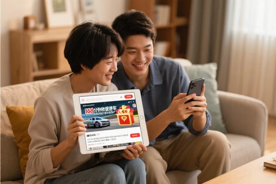 两名用户在舒适的家庭环境下，通过平板电脑和手机共同浏览168一分钟极速赛车官方微信，画面显示赛事推送和活动礼包